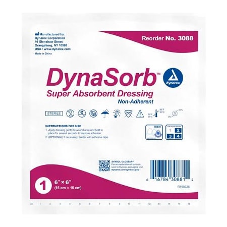 Dynarex Dynarex DynaSorb Super Absorbent Dressings, Non Adherent, 6inL x 6inW, 120 Pcs 3088